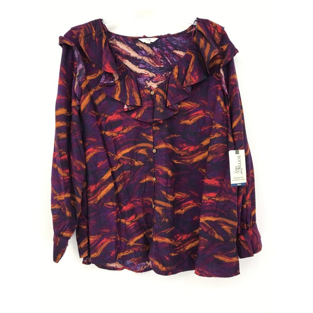 Terra & Sky Plus Size Long Sleeve Ruffle Blouse Top Purple Multi 3X NEW